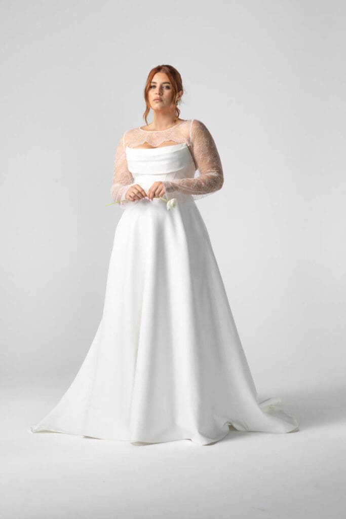 Bride wearing the Windsor Gown with Yasmin Lace Top by Gown + Altar