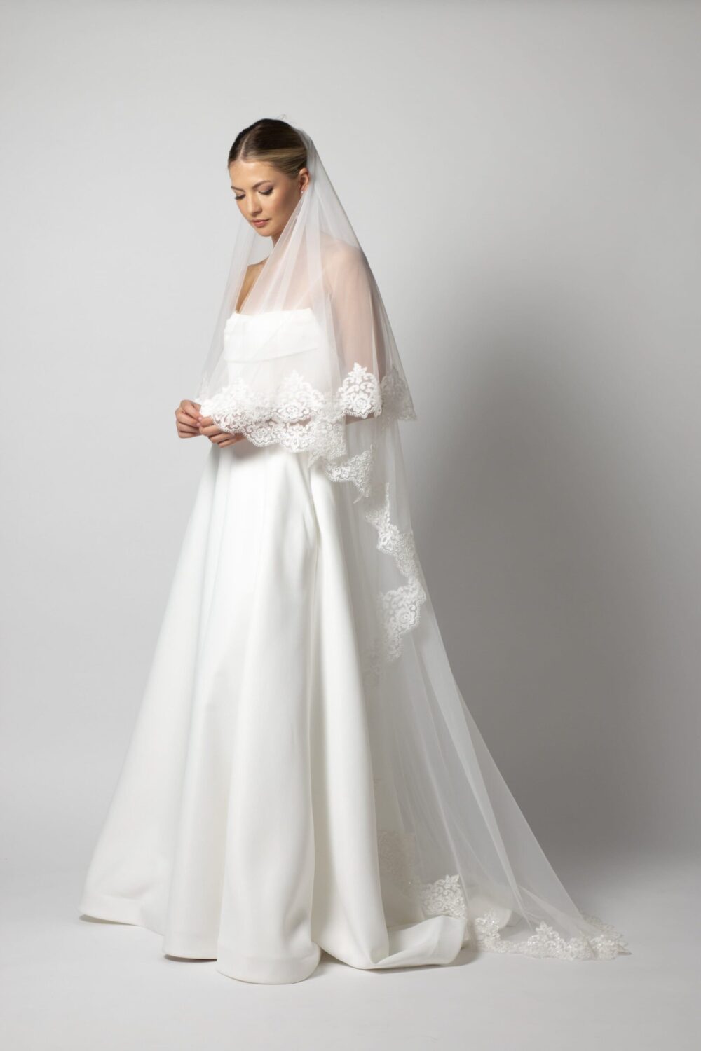Rosella wedding veil with the blusher folded back for an extra layer