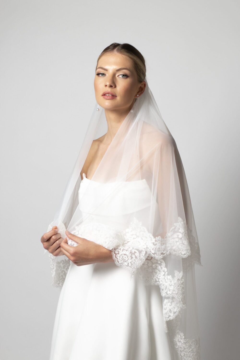 Close-up of the Rosella blusher wedding veil