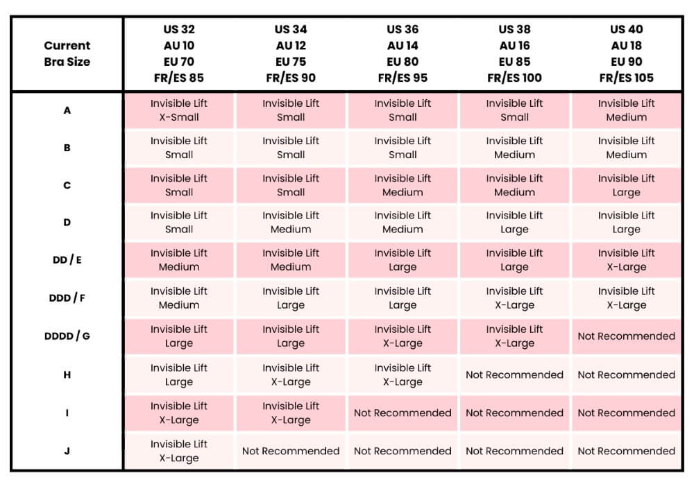 Invisible Lift Inserts Size Chart
