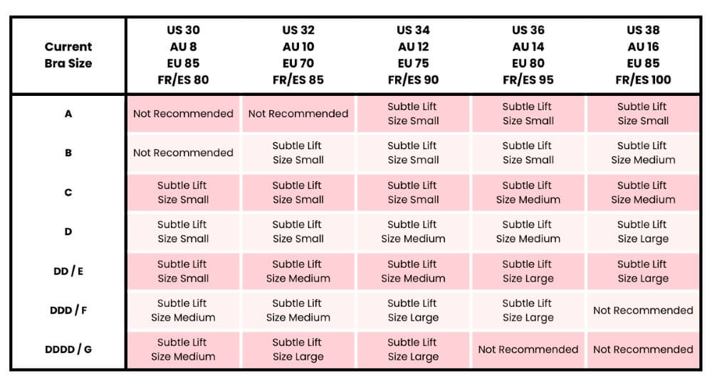 Subtle Lift Inserts Size Chart