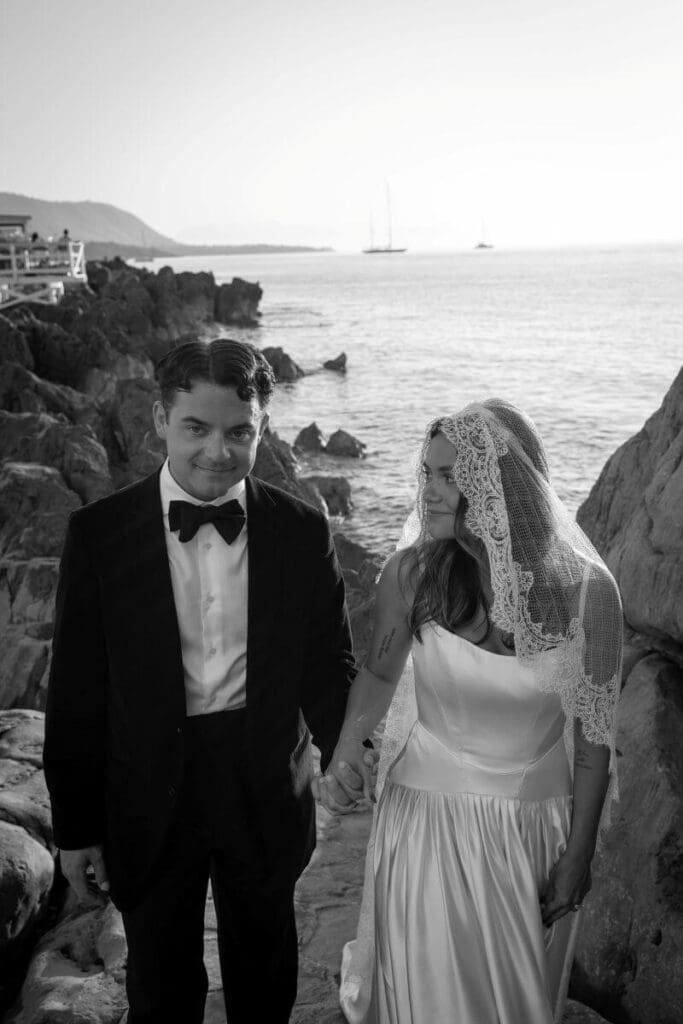 Real bride wearing silk satin basque waist gown Ophelia by Gown and Altar