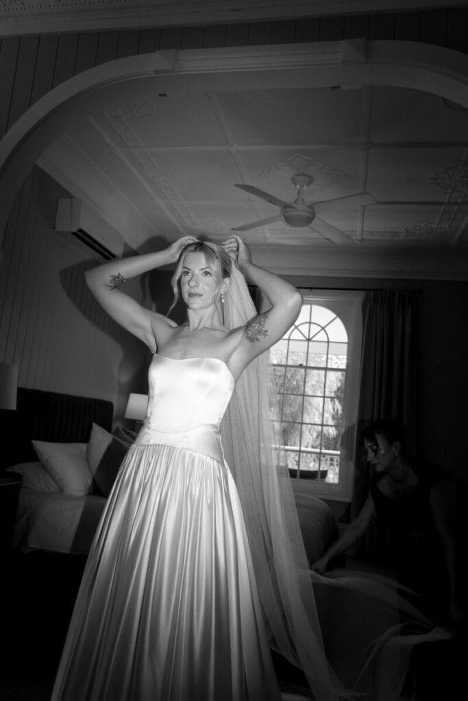 Bride wearing the Lovely Veil with her hair up