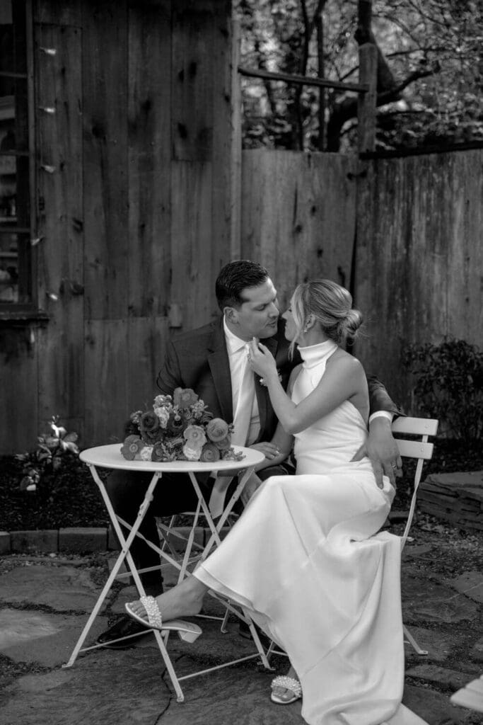 Bride wearing the Anderson high neck silk wedding dress