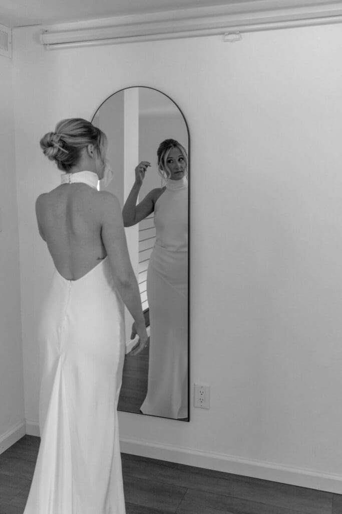 Low back detail of the Anderson silk wedding dress