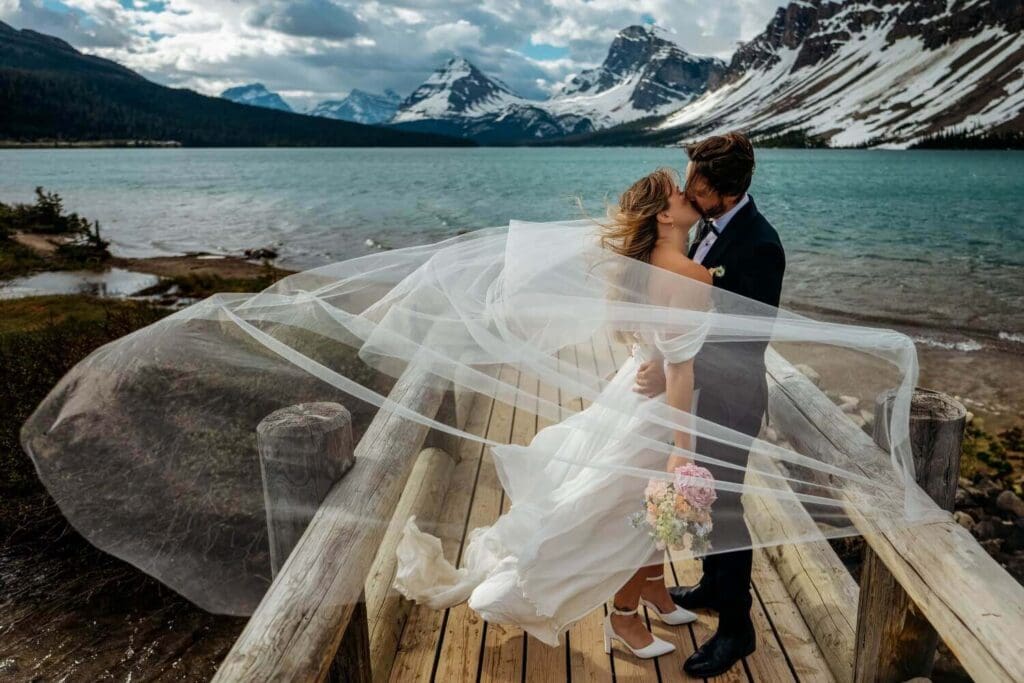 Real bride Tami wearing the Daphne Corset and Summer Skirt at her Banff elopement