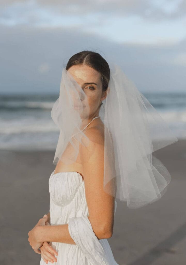 Mini Blusher short wedding veil styled with a modern bridal look